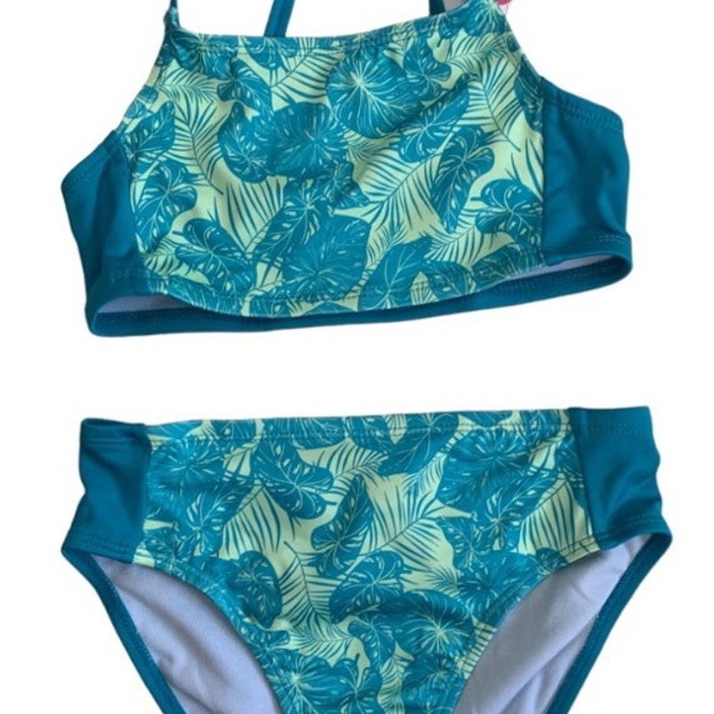Lily & Dan Girls 2 Piece Swim Set Large Top & Bottom Turquoise Tropical NEW